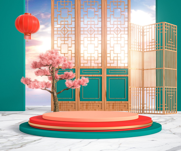 中国风古典喜庆C4D背景图3D国潮场景促销活动海报PSD设计素材模板psd模版下载