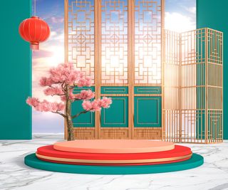 中国风古典喜庆C4D背景图3D国潮场景促销活动海报PSD设计素材模板