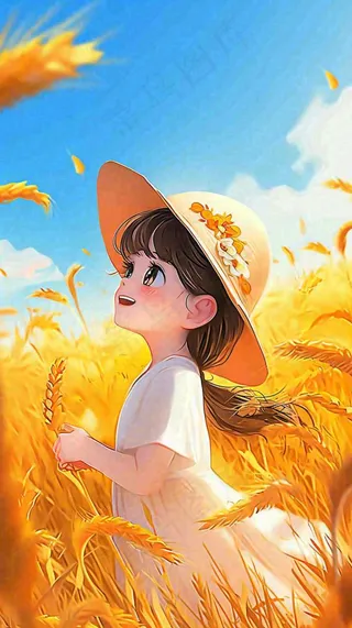 秋天温馨秋叶可爱少女插画，秋分小麦