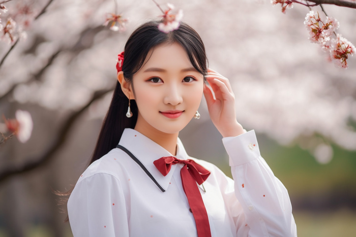一个带着红色蝴蝶结的年轻女孩在樱花树下拍照摄影图(5376x3584)