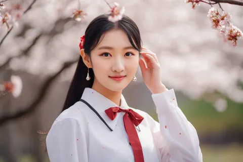 一个带着红色蝴蝶结的年轻女孩在樱花树下拍照摄影图 一个带着红色蝴蝶结的年轻女孩在樱花树下拍照摄影图
