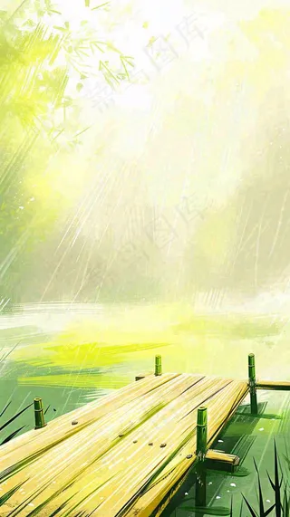 夏日森林丛林阳光绿色河面草丛树木手绘插画，夏至小暑大暑