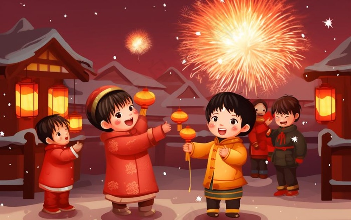 新年除夕夜烟花爆竹儿童玩乐喜庆卡通插画背景(1376x864)
