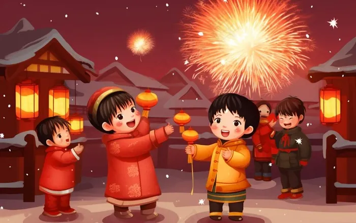 新年除夕夜烟花爆竹儿童玩乐喜庆卡通插画背景(1376x864)