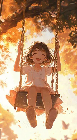 秋天秋叶少女儿童荡秋千玩耍，可爱手绘插画
