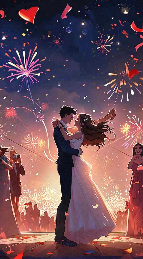 浪漫情人节爱心爱情夜晚烟花，跳舞插画(816x1472)