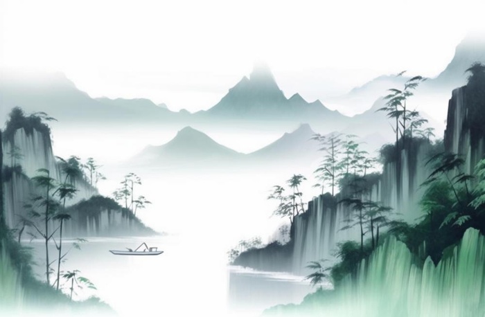 中国山水竹子水墨画绿色背景(1344x880)