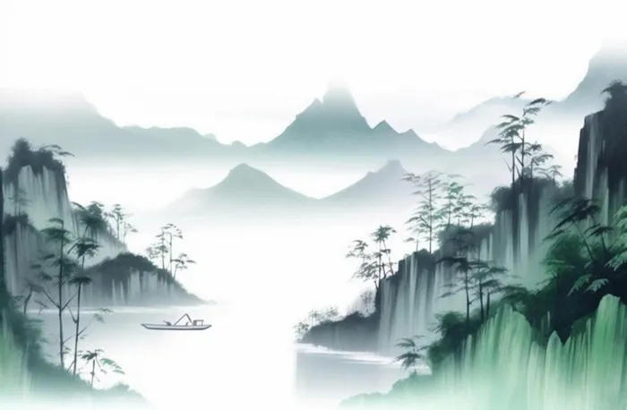 中国山水竹子水墨画绿色背景(1344x880)