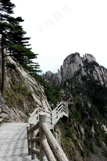 石壁边上的迎客松及攀岩而上的石阶