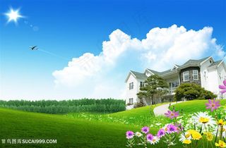 花卉草地别墅风景画韩式自然背景