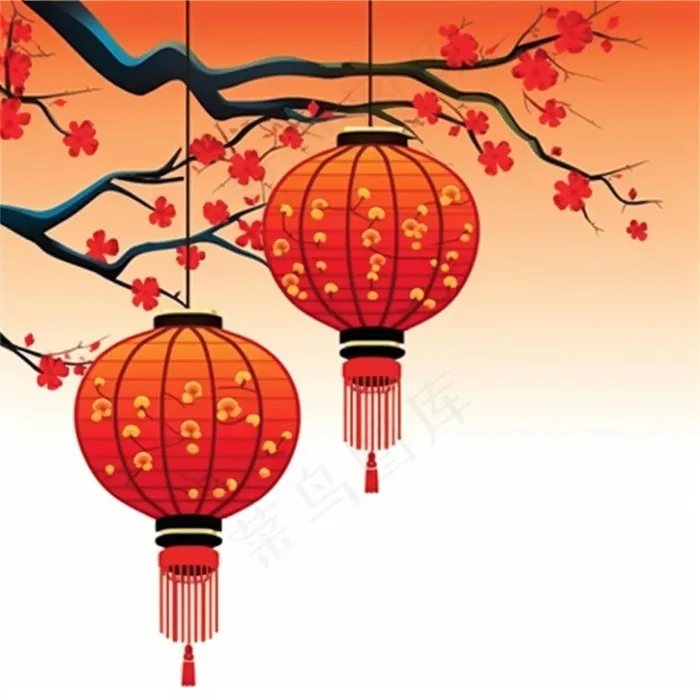 红灯笼梅花树枝喜庆插画素材背景(1024x1024)
