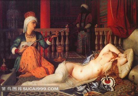 睡觉的裸女和弹琵琶的女人油画