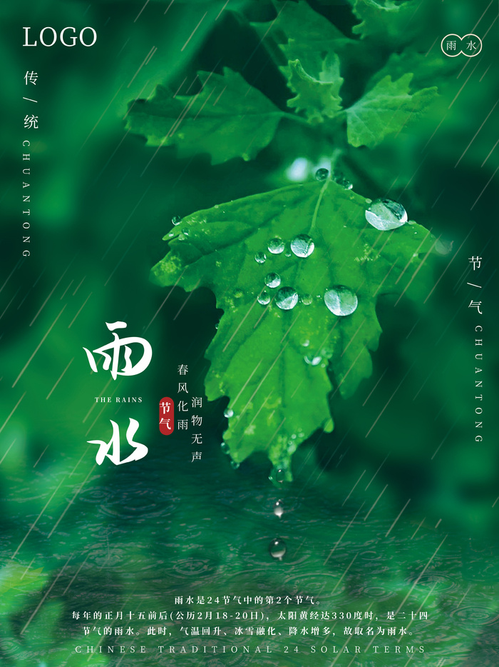 创意二十四节气雨水简约小清新露水摄影图海报