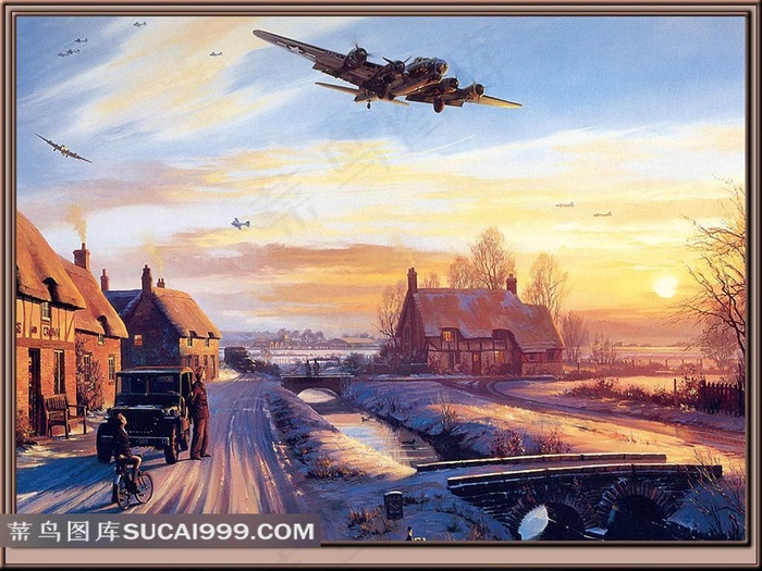 城镇上空飞翔的手绘战机