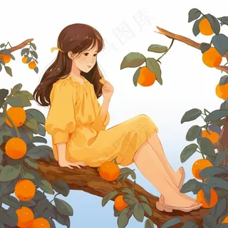 女孩坐着橘子柿子树上摘果子插画素材背景