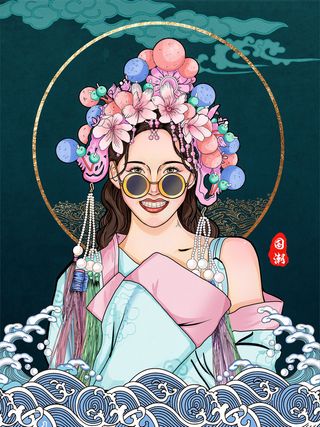 手绘中国风国潮京剧戏曲人物插画古风国粹花旦ai矢量ps设计素材图