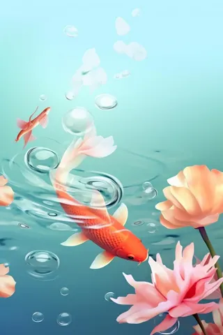 简约金鱼粉色花水花背景