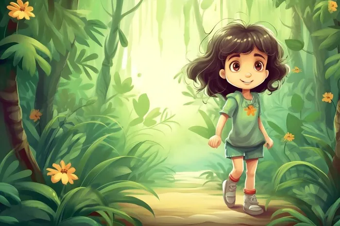 春天小女孩在森林里漫步奔跑草丛花手绘插画素材背景(5376x3584)