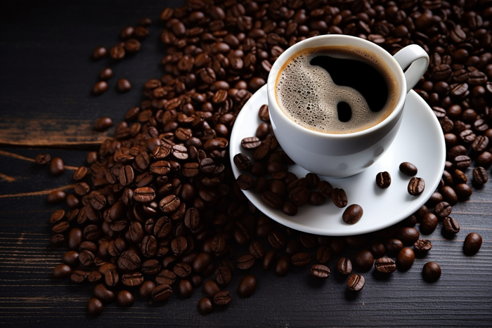 咖啡杯咖啡豆铺满摄影图