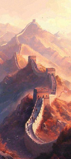 万里长城古风中国风古代建筑落日晚霞插画