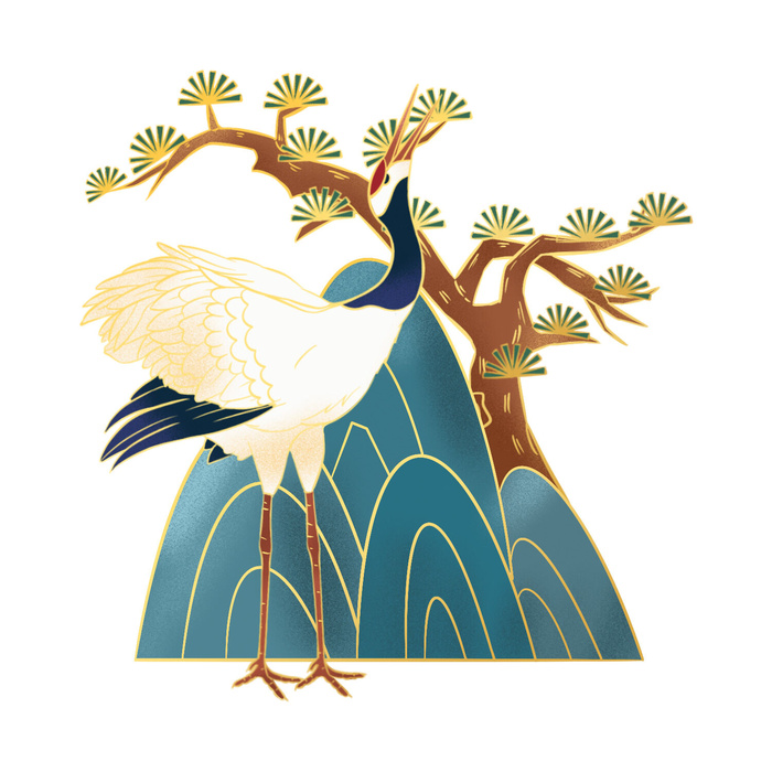 中国风国潮仙鹤山水插画手绘元素场景PSD设计素材