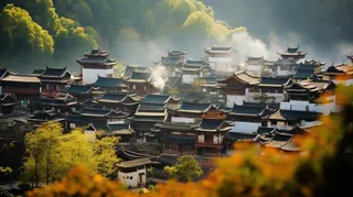 江西婺源清晨的村落里的烟火气风光摄影图