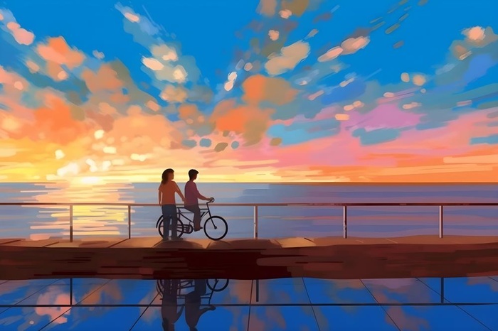 夕阳下骑自行车海边背景