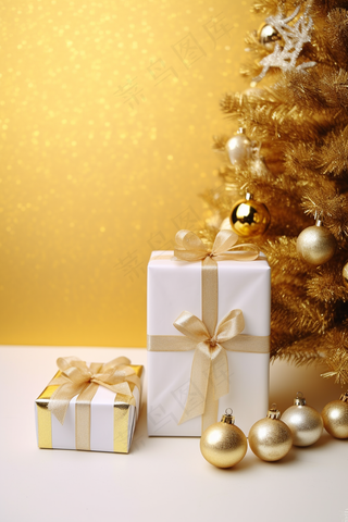 圣诞装饰金色圣诞树礼物摄影图