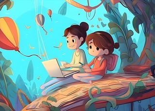 儿童放假写作业天空热气球卡通背景