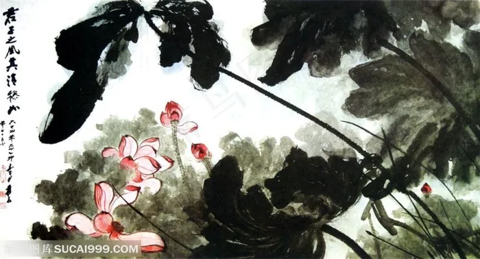 国画名家作品-张大千的荷花 水墨