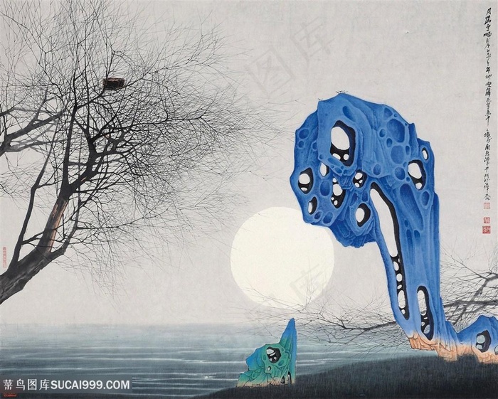 薛亮水墨画水墨湖畔树枝艺术挂画