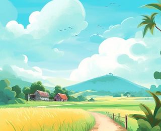 田园小路屋子小麦山脉背景