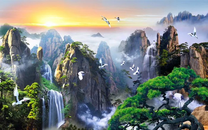 流水生财山水风景背景psd模版下载