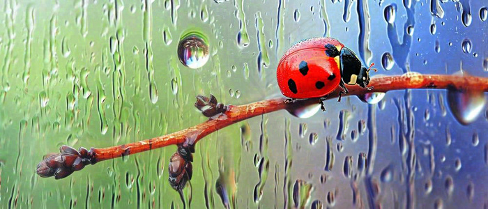 雨天雨水水珠上七星瓢虫动物爬行，彩色渐变摄影图(1680x720)