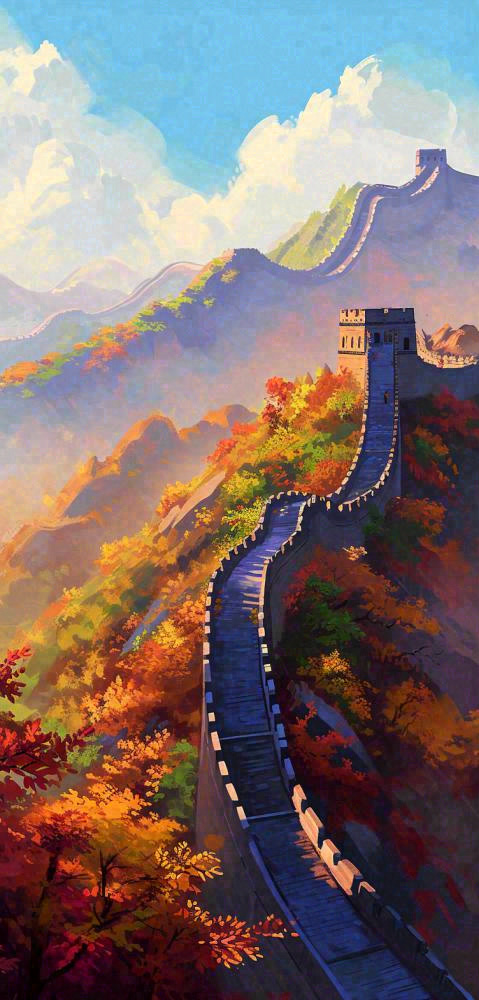 中国风长城雄伟建筑户外手绘插画(752x1568)