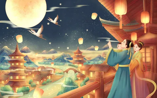 国潮中秋节古人赏月场景插画背景 国潮中秋节古人赏月场景插画背景
