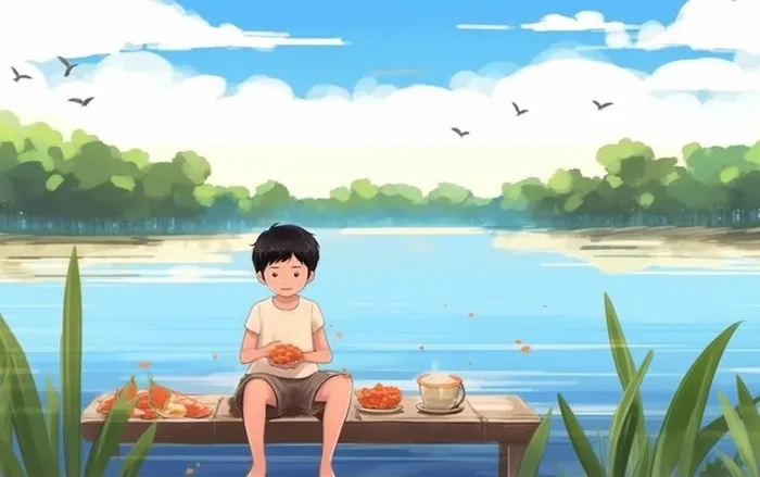夏日卡通男孩坐着河边嬉水插画背景(1376x864)