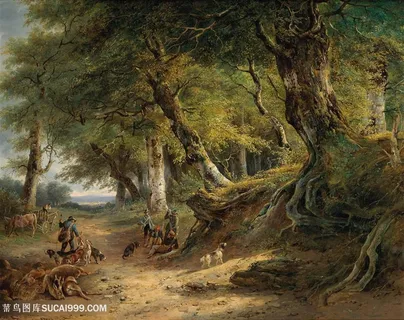 森林打猎的人风景油画图片