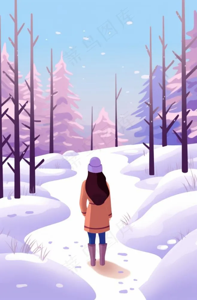 冬天下雪女孩走在森林的道路白雪紫粉色卡通插画背景(896x1360)