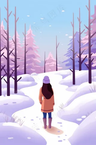 冬天下雪女孩走在森林的道路白雪紫粉色卡通插画背景
