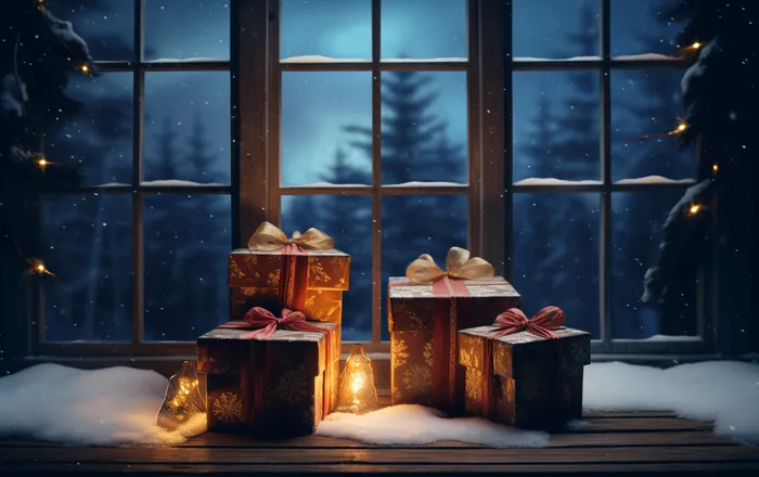 圣诞装饰喜庆礼物红色窗外下雪摄影图(4128x2592)