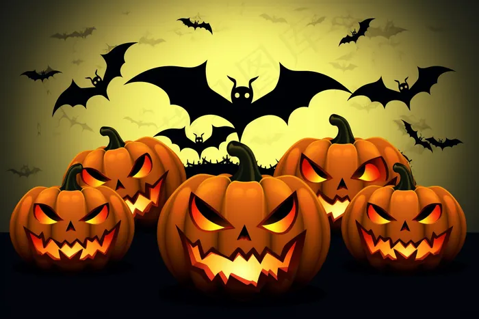 万圣节南瓜蝙蝠城堡恐怖夜晚插画背景(4032x2688)