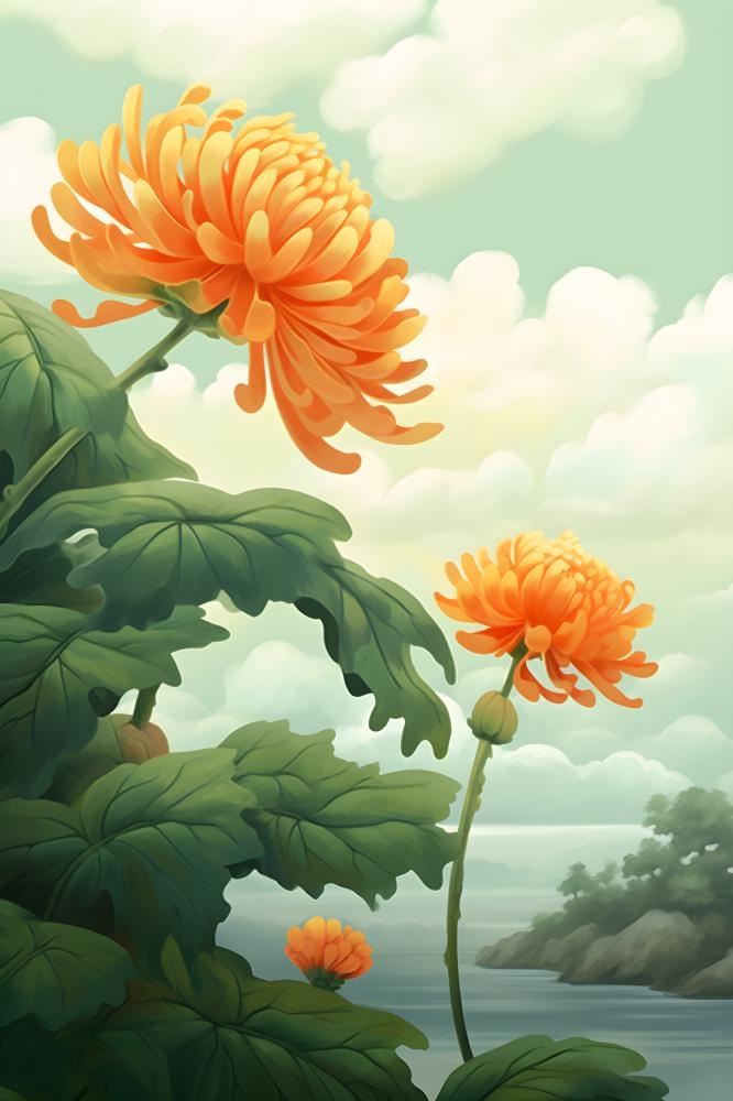 菊花国风山水插画(2400x3600)