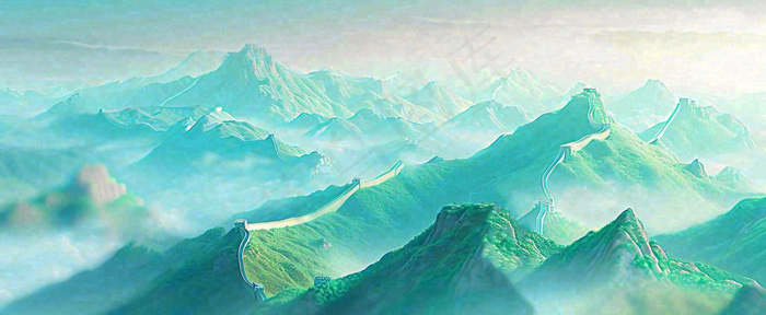 崇山峻岭高山白云中国风插画长城风景(1712x704)