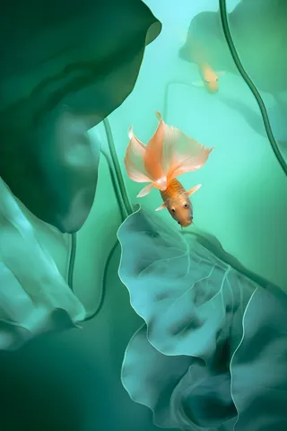 河水荷叶金鱼摄影