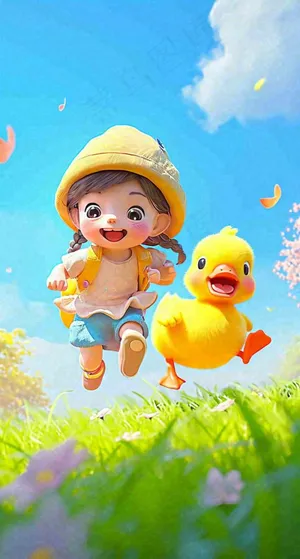 儿童节可爱鸭子奔跑，蓝天白云草地童真玩耍，清新插画