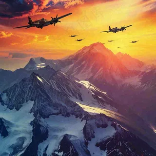 落日下的连绵山脉，飞机战斗机，冰川云海
