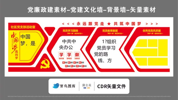 党建文化墙党建素材CDR预览图红色背景社区党支部活动室学习园地