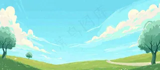 蓝天白云绿植草坪，小草树木清新，春天夏天阳光