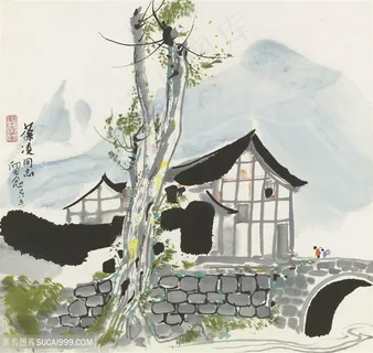 吴冠中水墨村庄美景装饰画 吴冠中水墨村庄美景装饰画